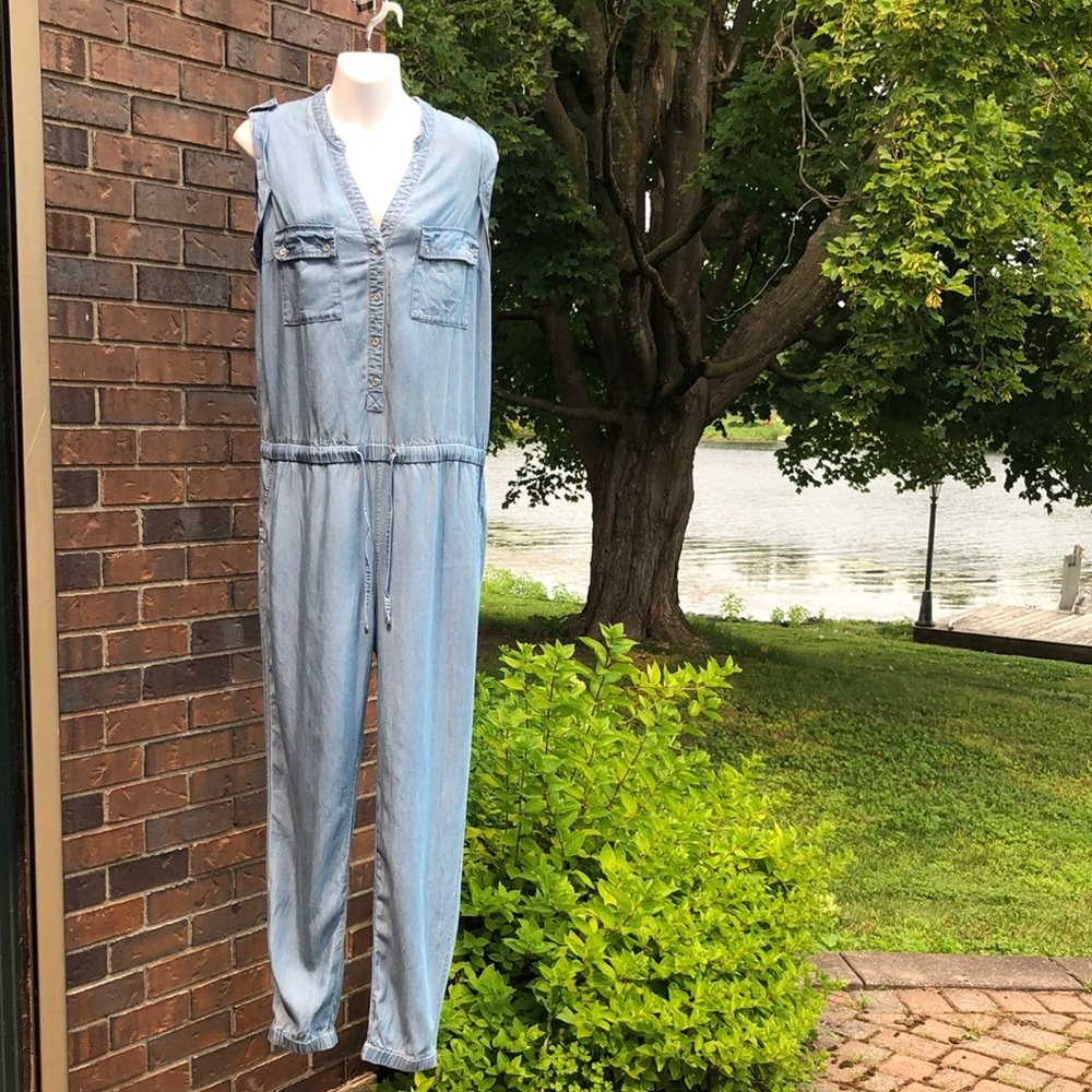 Dex Light Wash Denim Jumpsuit - Sleeveless Utility Style